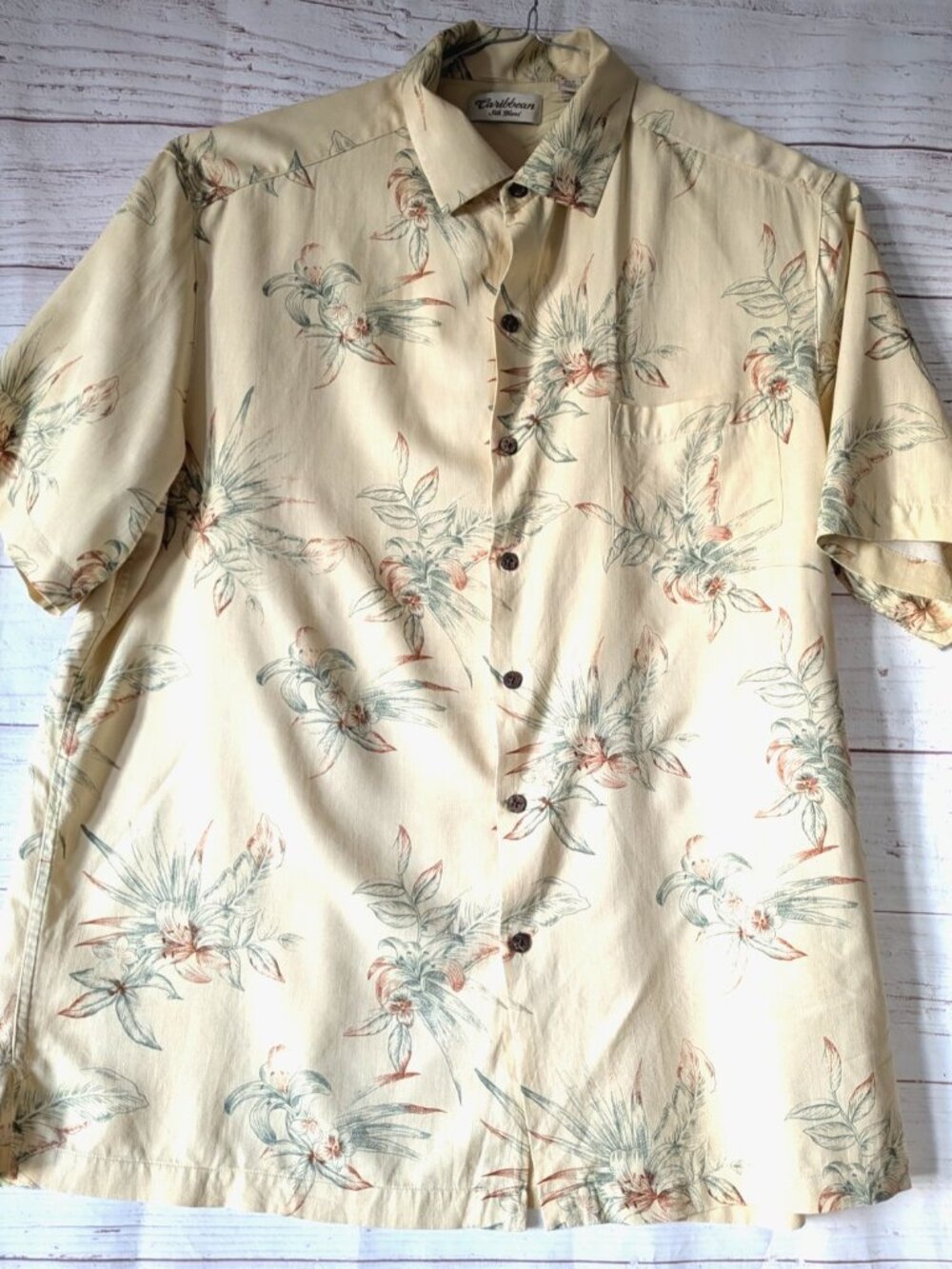 Vintage Caribbean Men's Hawaiian Shirt Yellow Floral Silk Blend Button Up XLTall